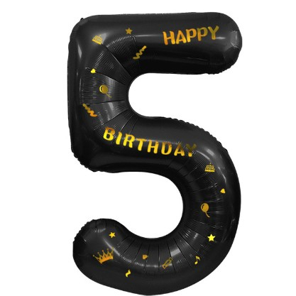Balon din Folie Metalizata Flippy, Figurina Cifra, Scris Happy Birthday, Tema Aniversare 100 cm, Ambalaj Individual, Pai inclus, Umflare cu Aer sau Heliu, Negru, Cifra 5 [2]