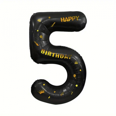 Balon din Folie Metalizata Flippy, Figurina Cifra, Scris Happy Birthday, Tema Aniversare 100 cm, Ambalaj Individual, Pai inclus, Umflare cu Aer sau Heliu, Negru, Cifra 5 [0]