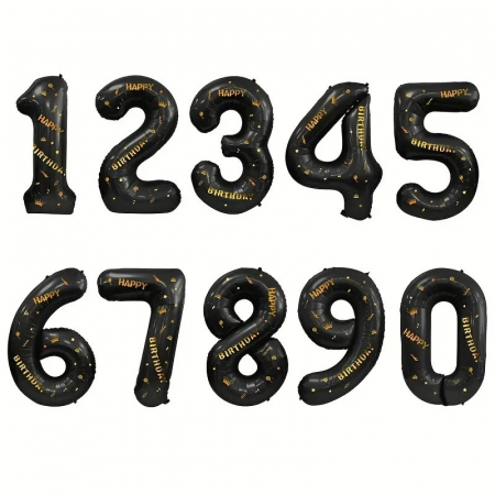 Balon din Folie Metalizata Flippy, Figurina Cifra, Scris Happy Birthday, Tema Aniversare 100 cm, Ambalaj Individual, Pai inclus, Umflare cu Aer sau Heliu, Negru, Cifra 1 [1]
