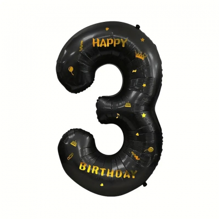 Articole petrecere - Balon din Folie Metalizata Flippy, Figurina Cifra, Scris Happy Birthday, Tema Aniversare 100 cm, Ambalaj Individual, Pai inclus, Umflare cu Aer sau Heliu, Negru, Cifra 3