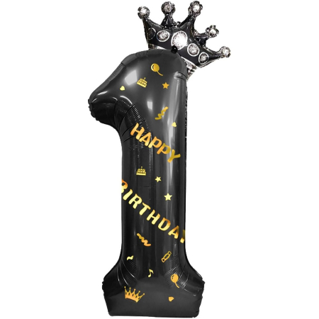 Articole petrecere - Balon din Folie Metalizata Flippy, Figurina Cifra si Coroana, Scris Happy Birthday, Tema Aniversare 100 cm, Ambalaj Individual, Pai inclus, Umflare cu Aer sau Heliu, Negru, Cifra 1