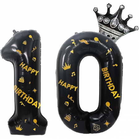Balon din Folie Metalizata Flippy, Figurina Cifra si Coroana, Scris Happy Birthday, Tema Aniversare 100 cm, Ambalaj Individual, Pai inclus, Umflare cu Aer sau Heliu, Negru, Cifra 0 [2]