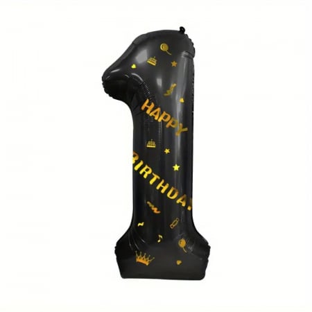 Balon din Folie Metalizata Flippy, Figurina Cifra si Coroana, Scris Happy Birthday, Tema Aniversare 100 cm, Ambalaj Individual, Pai inclus, Umflare cu Aer sau Heliu, Negru, Cifra 1 [5]