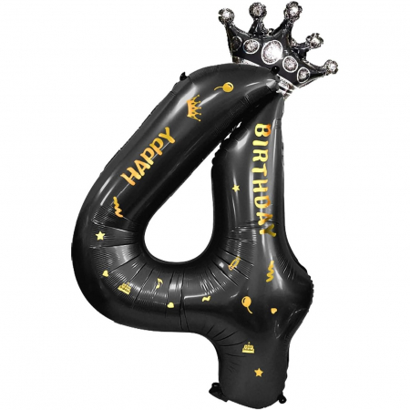 Articole petrecere - Balon din Folie Metalizata Flippy, Figurina Cifra si Coroana, Scris Happy Birthday, Tema Aniversare 100 cm, Ambalaj Individual, Pai inclus, Umflare cu Aer sau Heliu, Negru, Cifra 4