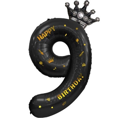 Balon din Folie Metalizata Flippy, Figurina Cifra si Coroana, Scris Happy Birthday, Tema Aniversare 100 cm, Ambalaj Individual, Pai inclus, Umflare cu Aer sau Heliu, Negru, Cifra 9 [5]