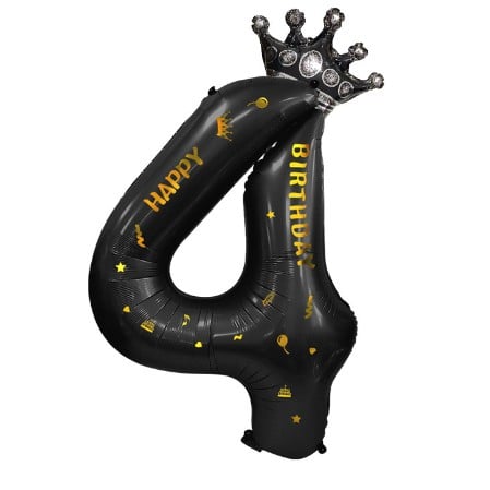 Balon din Folie Metalizata Flippy, Figurina Cifra si Coroana, Scris Happy Birthday, Tema Aniversare 100 cm, Ambalaj Individual, Pai inclus, Umflare cu Aer sau Heliu, Negru, Cifra 4 [6]