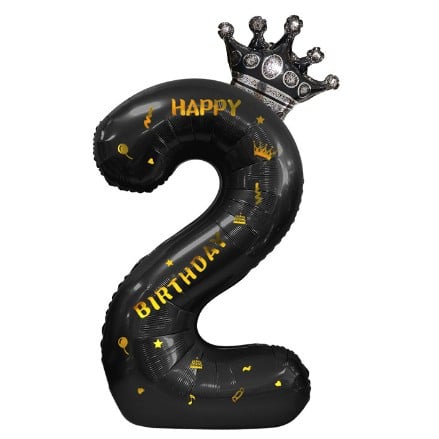 Balon din Folie Metalizata Flippy, Figurina Cifra si Coroana, Scris Happy Birthday, Tema Aniversare 100 cm, Ambalaj Individual, Pai inclus, Umflare cu Aer sau Heliu, Negru, Cifra 2 [6]
