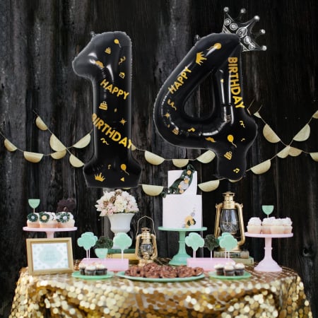 Balon din Folie Metalizata Flippy, Figurina Cifra si Coroana, Scris Happy Birthday, Tema Aniversare 100 cm, Ambalaj Individual, Pai inclus, Umflare cu Aer sau Heliu, Negru, Cifra 4 [3]