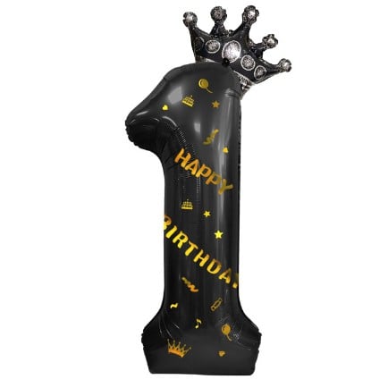 Balon din Folie Metalizata Flippy, Figurina Cifra si Coroana, Scris Happy Birthday, Tema Aniversare 100 cm, Ambalaj Individual, Pai inclus, Umflare cu Aer sau Heliu, Negru, Cifra 1 [6]