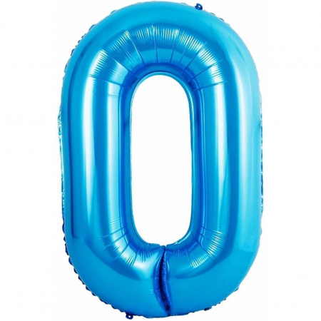 Balon din Folie Metalizata Flippy, Figurina Cifra si Coroana, Tema Aniversare 100 cm, Ambalaj Individual, Pai inclus, Umflare cu Aer sau Heliu, Albastru, Cifra 0 [1]