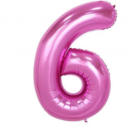 Balon din Folie Metalizata Flippy, Figurina Cifra si Coroana, Tema Aniversare 100 cm, Ambalaj Individual, Pai inclus, Umflare cu Aer sau Heliu, Roz, Cifra 6 [2]