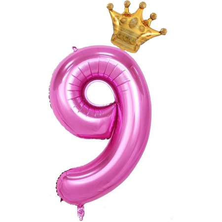 Balon din Folie Metalizata Flippy, Figurina Cifra si Coroana, Tema Aniversare 100 cm, Ambalaj Individual, Pai inclus, Umflare cu Aer sau Heliu, Roz, Cifra 9 [3]