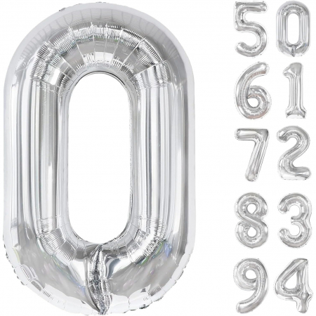 Balon din Folie Metalizata, Flippy, Figurina Cifra, Tema Aniversare 100 cm, Ambalaj Individual, Pai inclus, Umflare cu Aer sau Heliu, Argintiu, Cifra 0 [6]