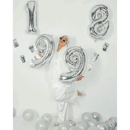 Balon din Folie Metalizata, Flippy, Figurina Cifra, Tema Aniversare 100 cm, Ambalaj Individual, Pai inclus, Umflare cu Aer sau Heliu, Argintiu, Cifra 1 [7]