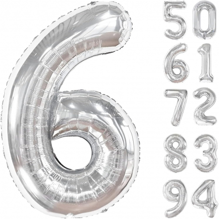 Balon din Folie Metalizata, Flippy, Figurina Cifra, Tema Aniversare 100 cm, Ambalaj Individual, Pai inclus, Umflare cu Aer sau Heliu, Argintiu, Cifra 6 [3]