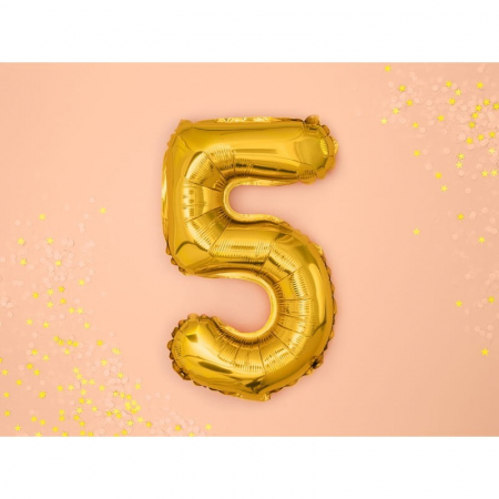 Balon din Folie Metalizata Flippy, Figurina Cifra, Tema Aniversare 100 cm, Ambalaj Individual, Pai inclus, Umflare cu Aer sau Heliu, Auriu, Cifra 5 [1]