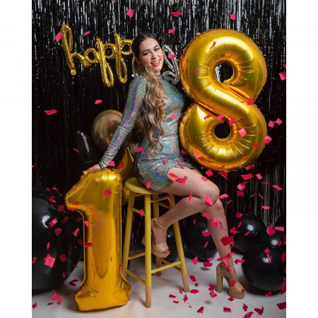 Balon din Folie Metalizata Flippy, Figurina Cifra, Tema Aniversare 100 cm, Ambalaj Individual, Pai inclus, Umflare cu Aer sau Heliu, Auriu, Cifra 8 [2]