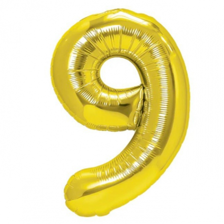 Articole petrecere - Balon din Folie Metalizata Flippy, Figurina Cifra, Tema Aniversare 100 cm, Ambalaj Individual, Pai inclus, Umflare cu Aer sau Heliu, Auriu, Cifra 9