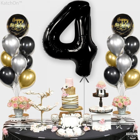 Balon din Folie Metalizata, Flippy, Figurina Cifra, Tema Aniversare 100 cm, Ambalaj Individual, Pai inclus, Umflare cu Aer sau Heliu, Negru, Cifra 4 [5]