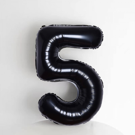 Balon din Folie Metalizata, Flippy, Figurina Cifra, Tema Aniversare 100 cm, Ambalaj Individual, Pai inclus, Umflare cu Aer sau Heliu, Negru, Cifra 5 [3]