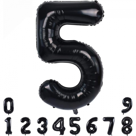 Balon din Folie Metalizata, Flippy, Figurina Cifra, Tema Aniversare 100 cm, Ambalaj Individual, Pai inclus, Umflare cu Aer sau Heliu, Negru, Cifra 5 [1]