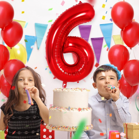 Balon din Folie Metalizata Flippy, Figurina Cifra, Tema Aniversare 100 cm, Ambalaj Individual, Pai inclus, Umflare cu Aer sau Heliu, Rosu, Cifra 6 [3]
