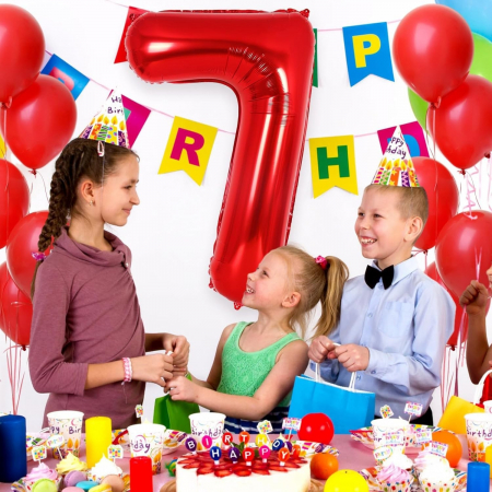 Balon din Folie Metalizata Flippy, Figurina Cifra, Tema Aniversare 100 cm, Ambalaj Individual, Pai inclus, Umflare cu Aer sau Heliu, Rosu, Cifra 7 [3]
