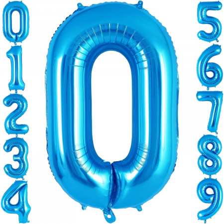 Balon din Folie Metalizata, Flippy, Figurina Cifra, Tema Aniversare 40 cm, Ambalaj Individual, Pai inclus, Umflare cu Aer sau Heliu, Albastru, Cifra 0 [4]