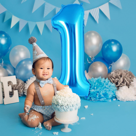 Balon din Folie Metalizata Flippy, Figurina Cifra, Tema Aniversare 40 cm, Ambalaj Individual, Pai inclus, Umflare cu Aer sau Heliu, Albastru, Cifra 1 [4]