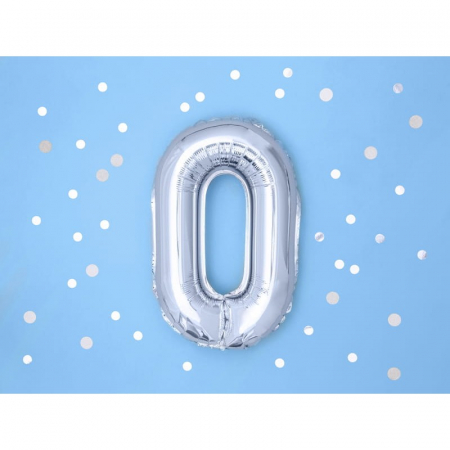 Balon din Folie Metalizata, Flippy, Figurina Cifra, Tema Aniversare 40 cm, Ambalaj Individual, Pai inclus, Umflare cu Aer sau Heliu, Argintiu, Cifra 0 [8]