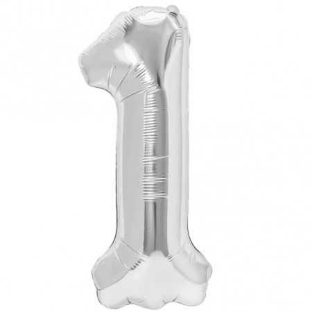 Articole petrecere - Balon din Folie Metalizata, Flippy, Figurina Cifra, Tema Aniversare 40 cm, Ambalaj Individual, Pai inclus, Umflare cu Aer sau Heliu, Argintiu, Cifra 1