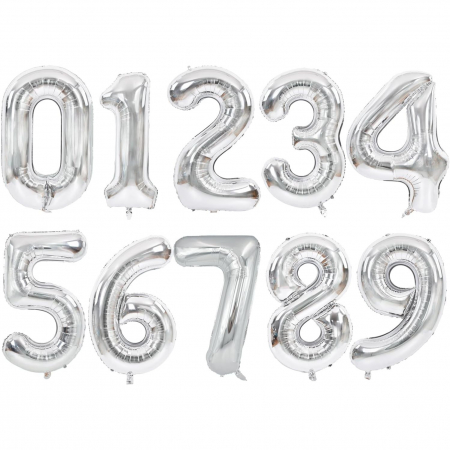Balon din Folie Metalizata, Flippy, Figurina Cifra, Tema Aniversare 40 cm, Ambalaj Individual, Pai inclus, Umflare cu Aer sau Heliu, Argintiu, Cifra 2 [1]
