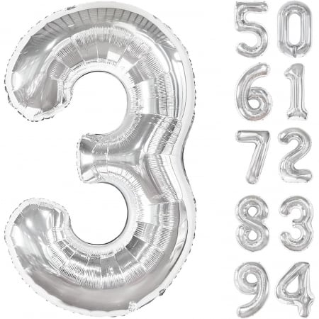 Balon din Folie Metalizata Flippy, Figurina Cifra, Tema Aniversare 40 cm, Ambalaj Individual, Pai inclus, Umflare cu Aer sau Heliu, Argintiu, Cifra 3 [8]
