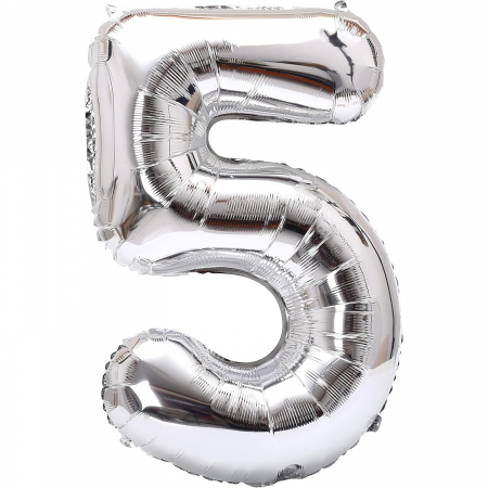 Articole petrecere - Balon din Folie Metalizata Flippy, Figurina Cifra, Tema Aniversare 40 cm, Ambalaj Individual, Pai inclus, Umflare cu Aer sau Heliu, Argintiu, Cifra 5
