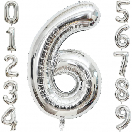 Balon din Folie Metalizata Flippy, Figurina Cifra, Tema Aniversare 40 cm, Ambalaj Individual, Pai inclus, Umflare cu Aer sau Heliu, Argintiu, Cifra 6 [5]