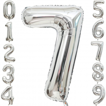 Balon din Folie Metalizata Flippy, Figurina Cifra, Tema Aniversare 40 cm, Ambalaj Individual, Pai inclus, Umflare cu Aer sau Heliu, Argintiu, Cifra 7 [5]