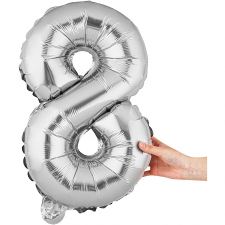 Balon din Folie Metalizata Flippy, Figurina Cifra, Tema Aniversare 40 cm, Ambalaj Individual, Pai inclus, Umflare cu Aer sau Heliu, Argintiu, Cifra 8 [5]