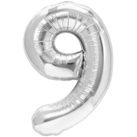 Articole petrecere - Balon din Folie Metalizata Flippy, Figurina Cifra, Tema Aniversare 40 cm, Ambalaj Individual, Pai inclus, Umflare cu Aer sau Heliu, Argintiu, Cifra 9