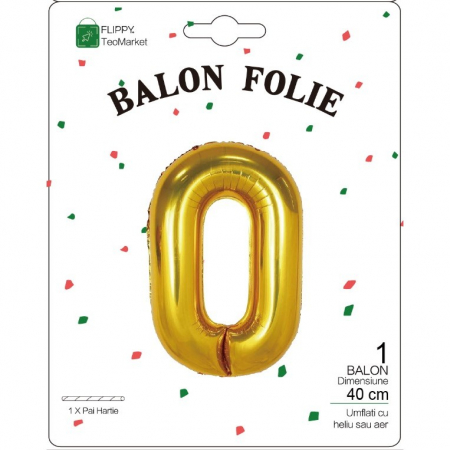 Balon din Folie Metalizata Flippy, Figurina Cifra, Tema Aniversare 40 cm, Ambalaj Individual, Pai inclus, Umflare cu Aer sau Heliu, Auriu, Cifra 0 [1]