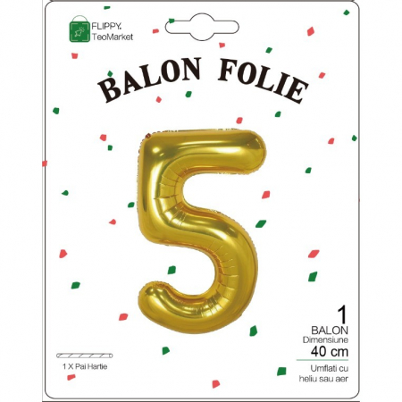 Balon din Folie Metalizata Flippy, Figurina Cifra, Tema Aniversare 40 cm, Ambalaj Individual, Pai inclus, Umflare cu Aer sau Heliu, Auriu, Cifra 5 [1]