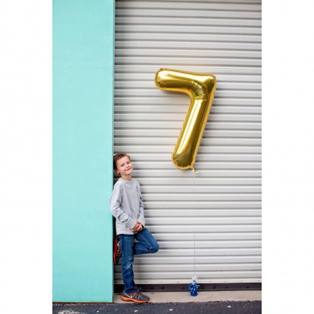 Balon din Folie Metalizata Flippy, Figurina Cifra, Tema Aniversare 40 cm, Ambalaj Individual, Pai inclus, Umflare cu Aer sau Heliu, Auriu, Cifra 7 [6]