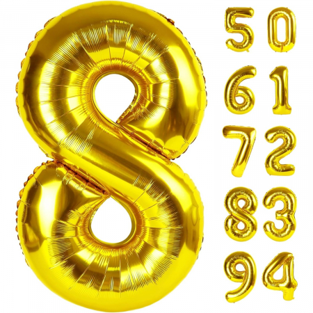 Balon din Folie Metalizata Flippy, Figurina Cifra, Tema Aniversare 40 cm, Ambalaj Individual, Pai inclus, Umflare cu Aer sau Heliu, Auriu, Cifra 8 [6]