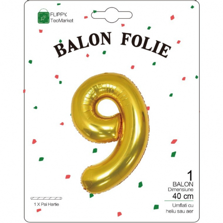 Balon din Folie Metalizata Flippy, Figurina Cifra, Tema Aniversare 40 cm, Ambalaj Individual, Pai inclus, Umflare cu Aer sau Heliu, Auriu, Cifra 9 [1]