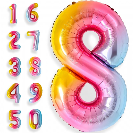Balon din Folie Metalizata Flippy, Figurina Cifra, Tema Aniversare 40 cm, Ambalaj Individual, Pai inclus, Umflare cu Aer sau Heliu, Multicolor, Cifra 8 [3]