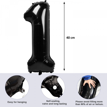 Balon din Folie Metalizata Flippy, Figurina Cifra, Tema Aniversare 40 cm, Ambalaj Individual, Pai inclus, Umflare cu Aer sau Heliu, Negru, Cifra 1 [7]