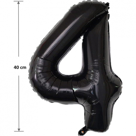 Balon din Folie Metalizata Flippy, Figurina Cifra, Tema Aniversare 40 cm, Ambalaj Individual, Pai inclus, Umflare cu Aer sau Heliu, Negru, Cifra 4 [1]