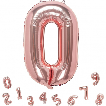 Balon din Folie Metalizata Flippy, Figurina Cifra, Tema Aniversare 40 cm, Ambalaj Individual, Pai inclus, Umflare cu Aer sau Heliu, Rose Gold, Cifra 0 [6]
