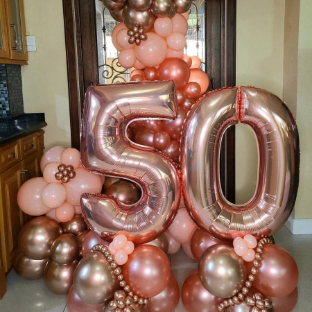 Balon din Folie Metalizata Flippy, Figurina Cifra, Tema Aniversare 40 cm, Ambalaj Individual, Pai inclus, Umflare cu Aer sau Heliu, Rose Gold, Cifra 5 [6]