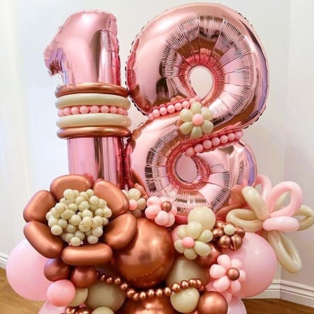 Balon din Folie Metalizata Flippy, Figurina Cifra, Tema Aniversare 40 cm, Ambalaj Individual, Pai inclus, Umflare cu Aer sau Heliu, Rose Gold, Cifra 8 [6]