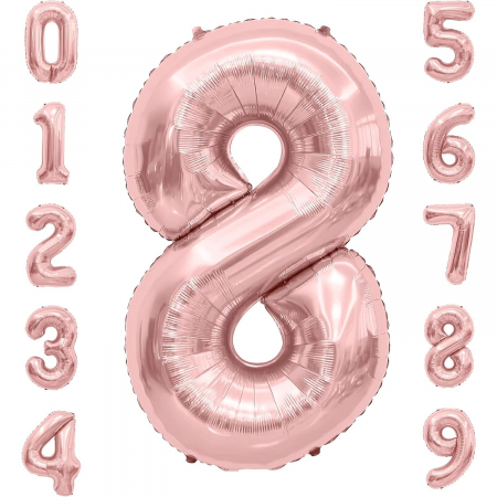Balon din Folie Metalizata Flippy, Figurina Cifra, Tema Aniversare 40 cm, Ambalaj Individual, Pai inclus, Umflare cu Aer sau Heliu, Rose Gold, Cifra 8 [4]